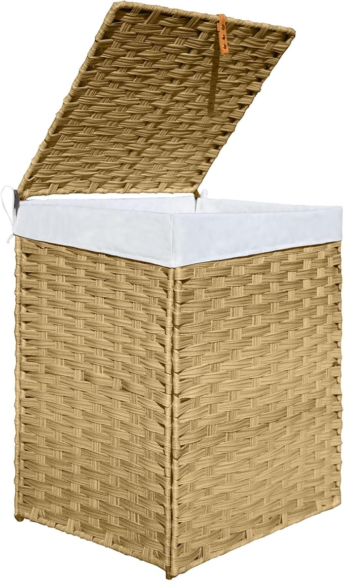 Woven Laundry Hamper with Lid,34 Gal(130 L) Rattan Wicker Laundry Basket 2 Sections with Lid, Removable Machine Washable Line, Large Clothes Hamper with Handles for Bathroom Bedroom, Yellow