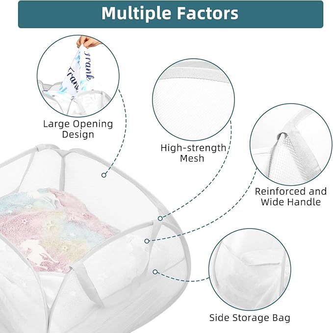 Bemkoo Collapsible Laundry Basket, 90L Large Foldable Mesh Pop Up Hamper for Laundry, Dirty Clothes, Bedroom, Bathroom, Dorm, Laundry Room, Travel, Camping, White