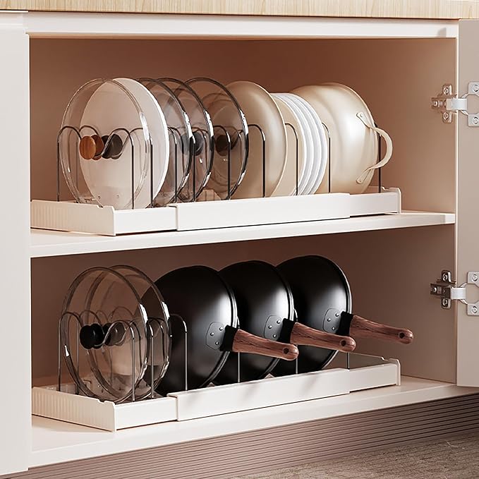 LICRUGU Pots and Pans Organizer Under Cabinet 10 Adjustable Dividers Expandable Pot Pan Lid Holder Organizers Rack inside Cabinet for Kitchen Storage Cookware, Cutting Boards, Lid, Dishes,White 2PCS