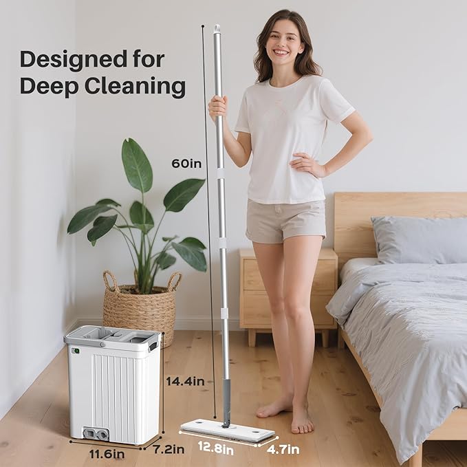Mop and Bucket Set with AUTO Pump, 3-Zone Separate Dirty and Clean Water Floor Mop, Flat Mop and Bucket System with Wheels and Wringer, 3 Reusable Pads, One-Touch Water Filling for Floor Cleaning