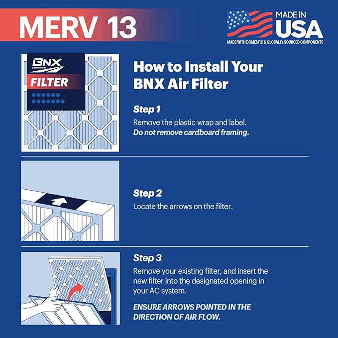 BNX TruFilter 20x22x1 Air Filter MERV 13 (4-Pack) - MADE IN USA - Electrostatic Pleated Air Conditioner HVAC AC Furnace Filters for Allergies, Pollen, Mold, Bacteria, Smoke, Allergen, MPR 1900 FPR 10