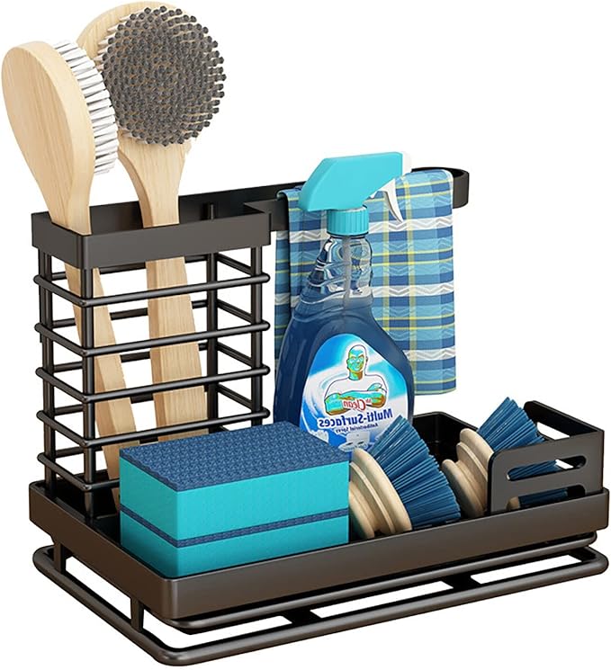 Sink Caddy, Kitchen Sink Organizer Sponge Holder, Kitchen Sink Accessories Stainless Steel Sponge Holder, Sink Brush Holder with Removable Drain Tray for Sponge Dish Brush Soap Scrubber Dishcloth