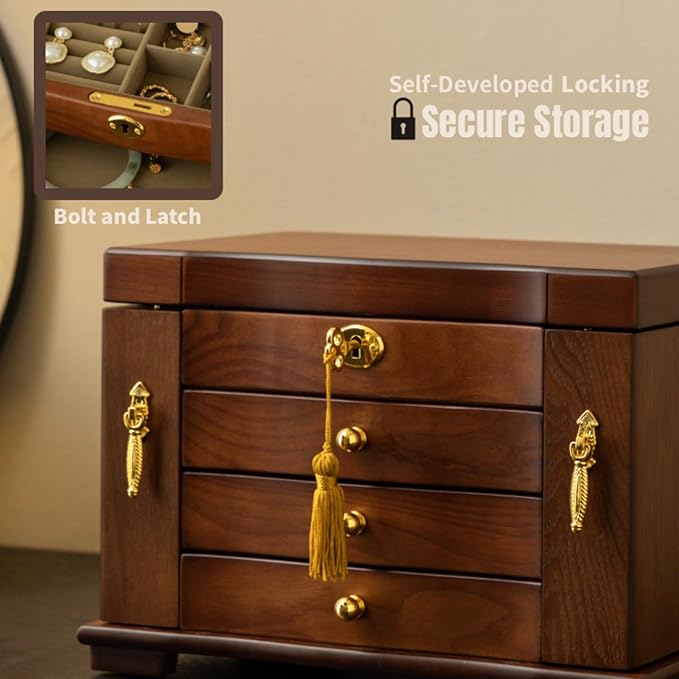 Kinsuite Black Walnut Jewelry Box - 4-tie Mirror & Multiple Drawers Handcrafted Solid Wood Treasure Chest for Women, Floral-Inspired Storage Organizer