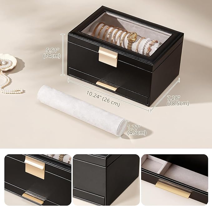 Lolalet Bracelet Holder Organizer with Clear Lid and Drawer, Bangle Storage Box Jewelry Display Holder for Watches, Jewellery Case for Women -Black
