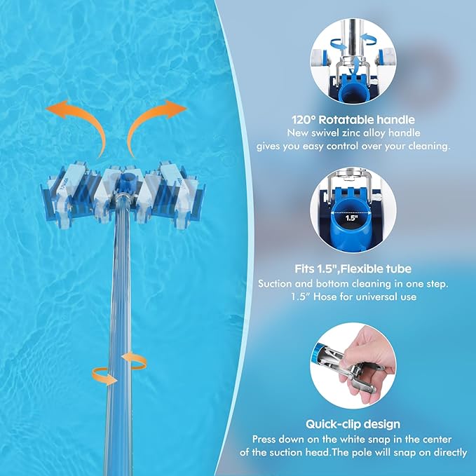 Pool Vacuum Head, Manual Cleaning Vacuum with Wheels 14'' Heavy Duty Handle Pool Vacuum Heads for Inground & Above Pools with Flexible Swivel, Swimming Pool Head for Absorb