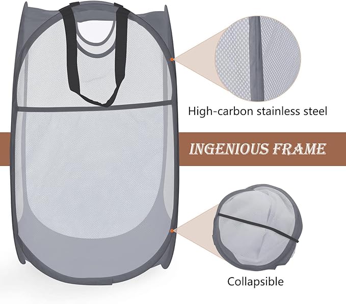 HOUSE AGAIN Mesh Popup Laundry Hamper, [Reinforced] Collapsible Laundry Basket, Foldable Pop Up Hamper with Durable Handles, Easy to Open and Fold for Dorm, Laundry Room, Bedroom, RV, (Grey）