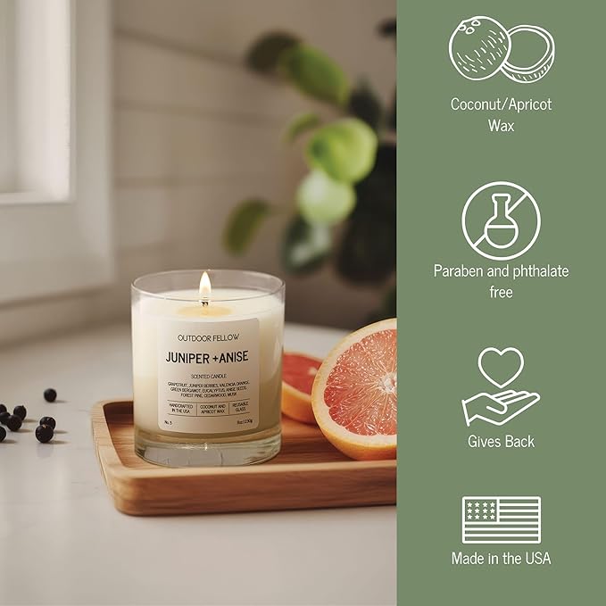 Outdoor Fellow Juniper + Anise Scented Candle, 8oz, Coconut & Apricot Wax Blend, Juniper Berry, Zesty Grapefruit, Citrus Peel, Reusable Glass, 40-50 Hour Burn Time