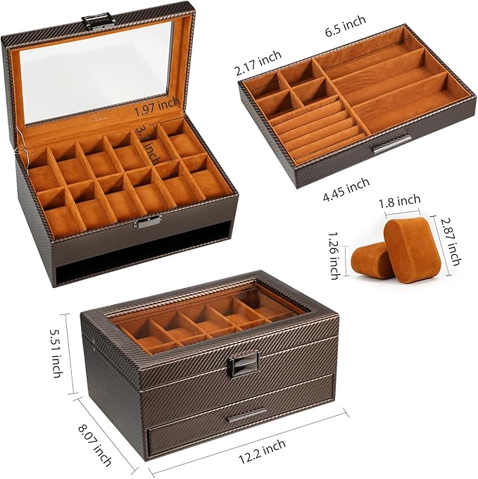Voova Jewelry Box Watch Boxes Organizer for Men Women,2 Layer Large 12 Slot PU Leather Watch Storage Case,Glass Top Jewelry Display Holder for Watches Sunglasses Rings Necklaces Bracelets,Coffee+Brown