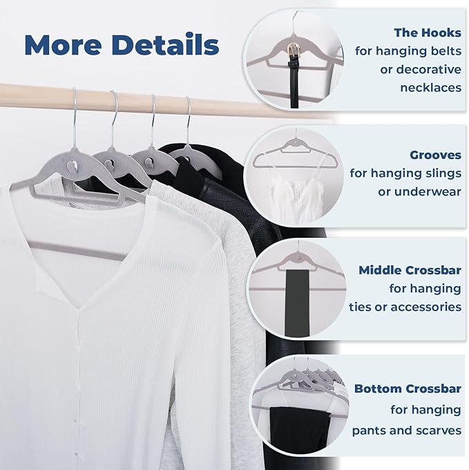 Limogoo Grey Velvet Hangers 50 Pack, Felt Covered Non Slip Fabric with Stackable Cascading Hook, Ultra Thin and Space Saving with 360° Swivel Neck, 15Lbs Capacity for Clothes, Suit, Shirt, Coat