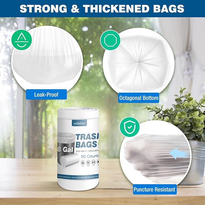 Charmount 8 Gallon Trash Bags, 50 Count Medium Garbage Bags Trash Can Liners for Bathroom Kitchen Office, Clear, Unscented