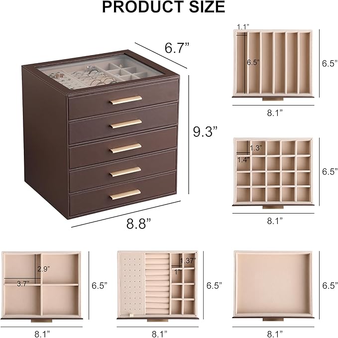 Frebeauty Clear Lid Jewelry Box,5-Layer Jewelry Organizer with Drawer,PU Leather Jewelry Organizers and Storage,Jewelry Boxes for Women,Jewelry Storage for Rings Earring Stud,Gift for Women(Brown)