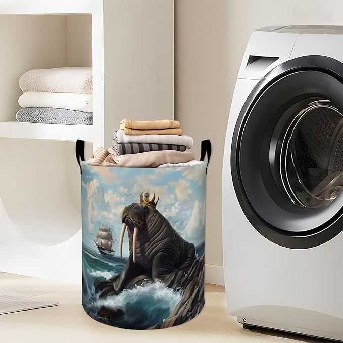 Regal Walrus with Crown by the Sea Laundry Basket with Handles, 19.7"x15.7" Clothes Foldable Laundry Hamper Organizer for Dorm Nursery Bedroom Bathroom Decor, Toy Storage Bin for Kids