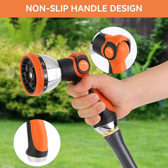 AnyEasy Garden Water Hose Nozzle Metal Heavy Duty Sprayer Thumb Control with 10 Spray Modes Suitable for Watering Plants, Iawn and Garden, Car Washing, Cleaning, Showering Pets and Outdoor Fun, Orange