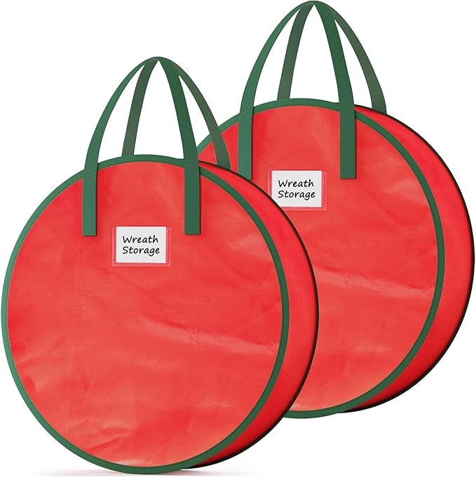 Criusia Wreath Storage Container, 2 Pack Christmas Wreath Storage Bag with Sturdy Handle, Two-way Zipper,Durable Wreath Storage Organizer Box for Holiday Decoration (Red, 30"x8")