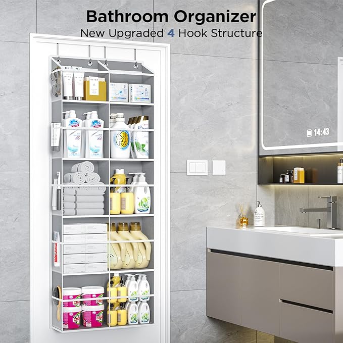 PureSpace 5-Tier Over The Door Organizer with 10 Side Mesh Pockets & Clear Windows, 80 lb Weight Capacity Hanging Storage for Bathroom, Bedroom, Nursery, Kitchen, Organizer Toys(Clear Grey)