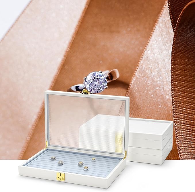 Oirlv White 12 Gird Luxury Leather Jewelry Organizer Tray with Clear Lid Lockable Jewelry Box Bangle Holder Box for Women (Blue Interior) 12 Grid