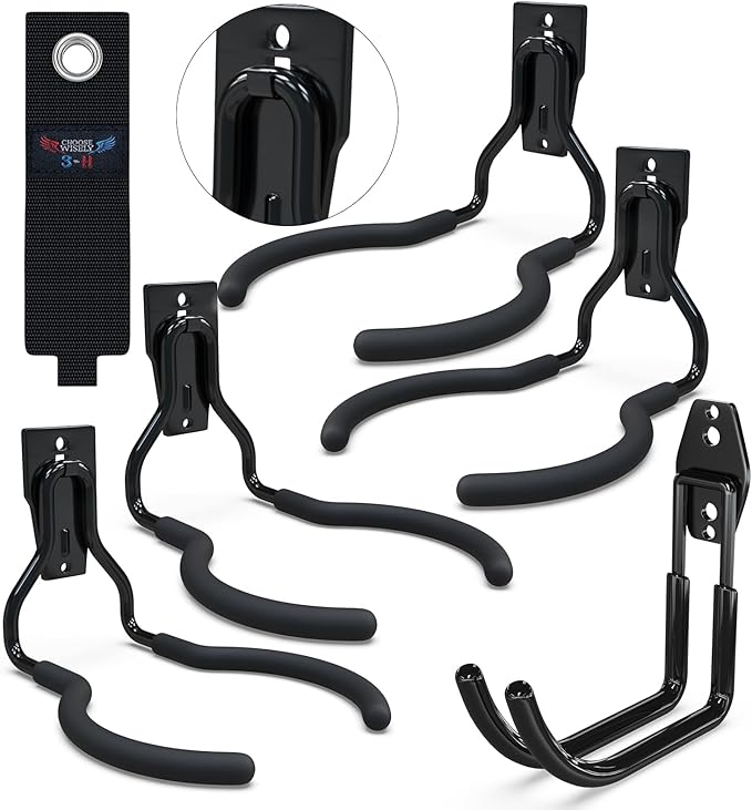 3-H Weed Eater Hanger 4 Pack,1 Garden Hose Holder,1 Extension Strap,Utility Weedeater Rack,Tool Hangers for Organizing and Hanging Weed Wacker,Leaf Blower,String Trimmer in Garden