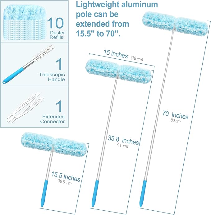 JEHONN Duster with 6 ft Extension Pole, 10 Refills Compatible with Swiffer Super Extendable Handle Heavy Duty Dusting Wand Starter Kit for Cleaning High Ceiling Fan Shelves Vent Window Blind