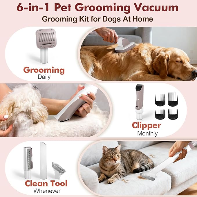Crazydeer Dog Grooming Vacuum, 12000Pa Powerful All-in-One Pet Grooming Vacuum for Dogs Cats, Low Noise Pet Hair Clipper with 3.2L Dust Cup for Shedding Pet Hair, Low Noise, 3 Levels, White