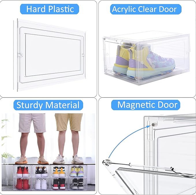 Large Clear Shoe Storage Boxes Stackable, 12 Pack Hard Plastic Shoe Storage Organizer with Magnetic Door, Shoe Container Sneaker Storage Display Case Fit up to US Size 12 Clear