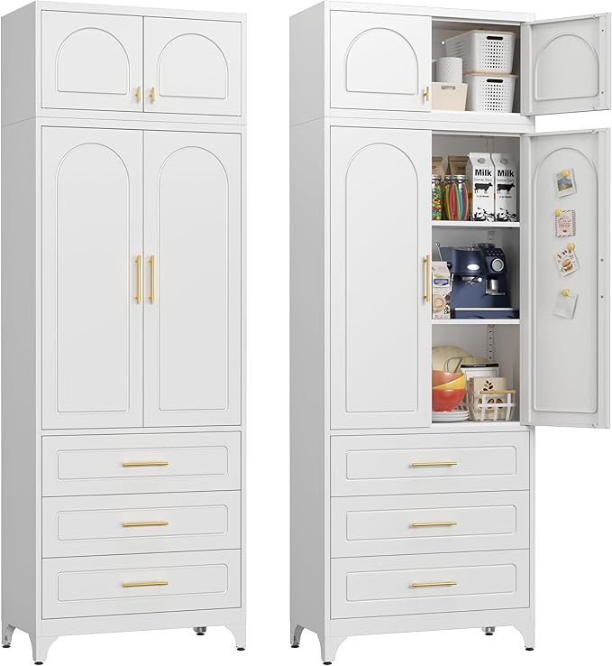 90" Pantry Kitchen Cabinet with Drawer, 75" Pantry Cabinets with 15" Cabinets, Freestanding Kitchen Storage Cabinet for Dining Room, Living Room, Alacena para Cocina, Assembly Required, White