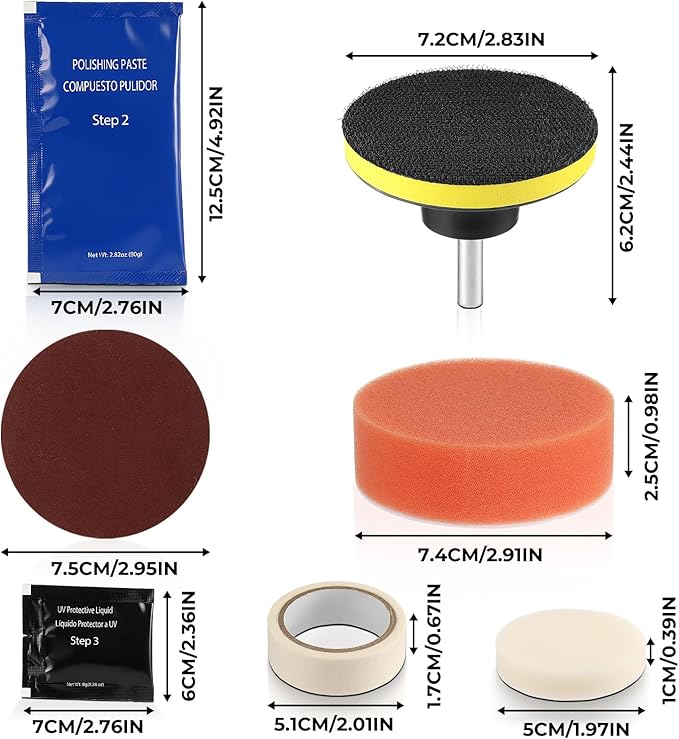 ISINFLASH Car Headlight Restoration Kit, 3 Easy Steps to Restore Sun Damaged Automotive Headlights Lens, Polish Restorer Cleaner Tool DIY Polishing, Sanding Discs, Scouring Pads for Electric Drill