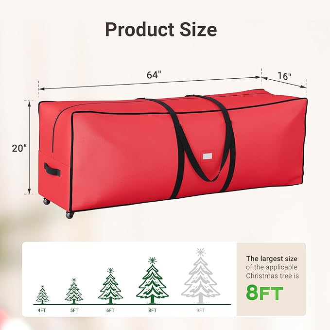 ELYKEN Christmas Tree Storage Bag with Wheels, Rolling Storage Bag for Artificial Christmas Tree and Decorations, Heavy Duty 600D Oxford Fabric, Length-Adjustable Handles, 16x20x64in, Red