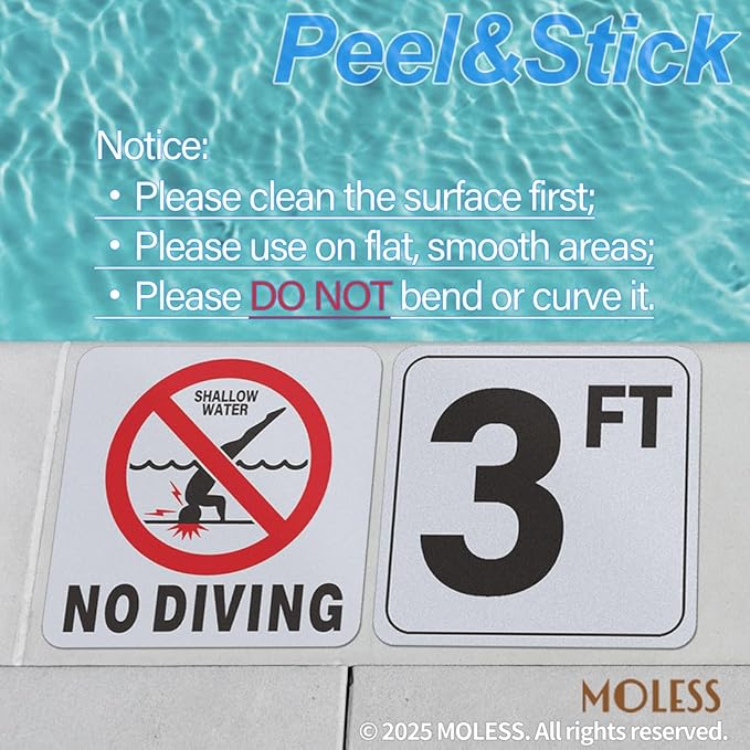 3FT Pool Depth Marker Stickers – 6x6″ Anti-Slip Vinyl Tile Stickers for Swimming Pool Safety Signs, Adhesive Pool Depth Markers for Decks, 3 FT (1 Pack)