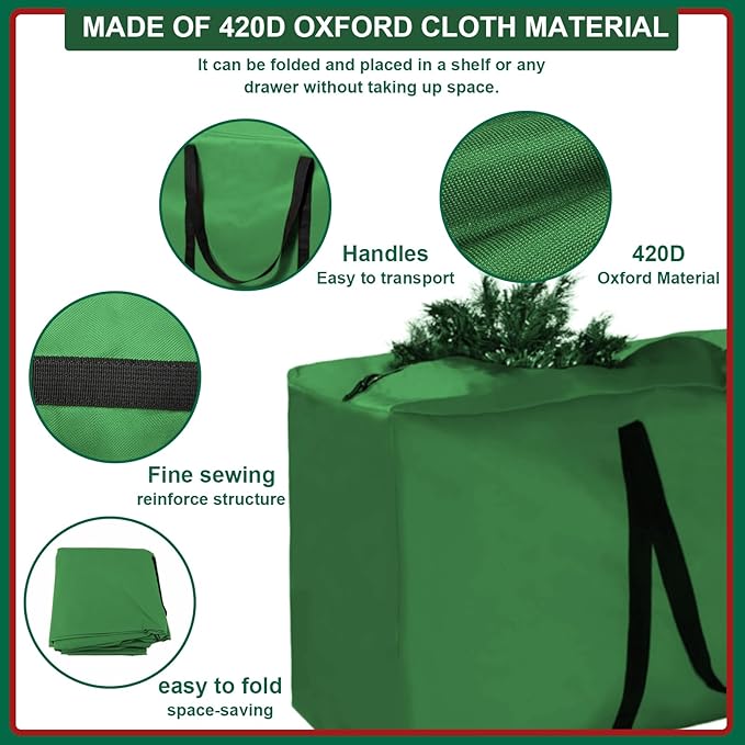 12ft Christmas Tree Storage Bag Extra Large 420D Tree Storage Bag for Disassembled Artificial Trees (Fits 7ft-12ft), Waterproof Double Zippers and Durable Handle, 68"L x 30"W x 20"H, Green,1 Pack