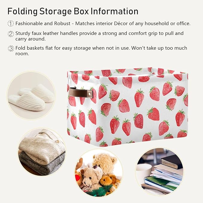 ALAZA Watercolor Strawberry White Foldable Storage Box Storage Basket Organizer Bins with Handles for Shelf Closet Living Room Bedroom Home Office 1 Pack