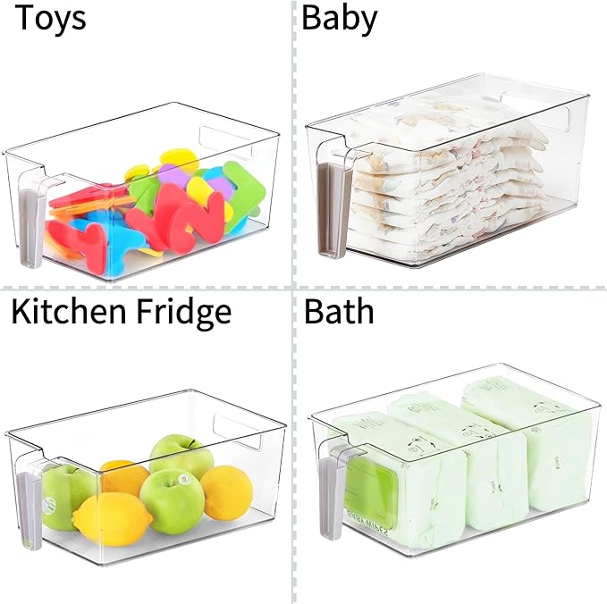 vacane 2 Pack Refrigerator Organizer Bins with Silicone Handle,Plastic Pantry Organization and Storage,BPA-Free Multi-Use Organizer Bins,Kitchen Containers for Fruit,Vegetable