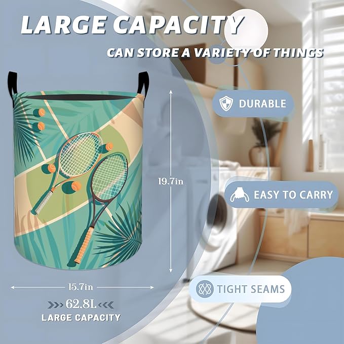 Tropical Tennis Rackets and Balls Laundry Basket with Handles, 19.7"x15.7" Clothes Foldable Laundry Hamper Organizer for Dorm Nursery Bedroom Bathroom Decor, Toy Storage Bin for Kids