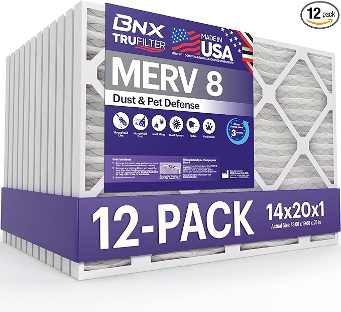 BNX TruFilter 14x20x1 Air Filter MERV 8 (12-Pack) - MADE IN USA – Dust & Pet Defense Electrostatic Pleated Air Conditioner HVAC AC Furnace Filters for Dust, Pet, Mold, Pollen MPR 600 – 700 & FPR 5