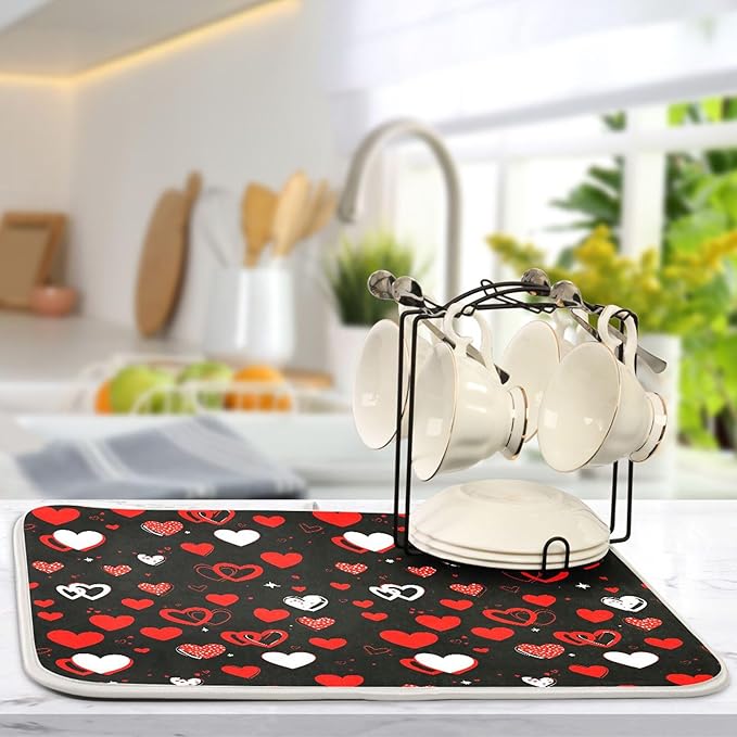 Black Love Heart Dish Drying Mat for Kitchen Countertop 18x24 Happy Valentine's Day Large Drying Mat Reusable Quick Dry Dish Sink Mats Easy Clean Decorative Essentials