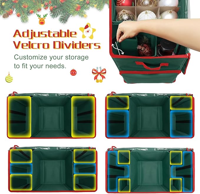 Large 2-in-1 Christmas Ornament Storage Box & Xmas Figurine Container,4 Separate Trays Keep 64-3"/ 54-4" Holiday Ornaments,Adjustable Extent Area for Figurines and Pockets for Decoration