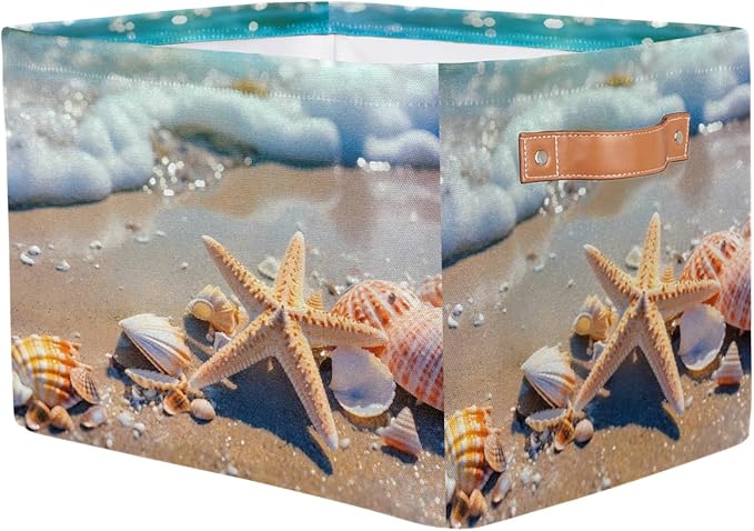 Ocean Starfish Seashell Storage Basket for Shelves, Storage Bins with Handles, Collapsible Basket for Organizing, Closet Toy Baskets for Nursery Room, 15x11x9.5 in, Canvas, Sea Beach