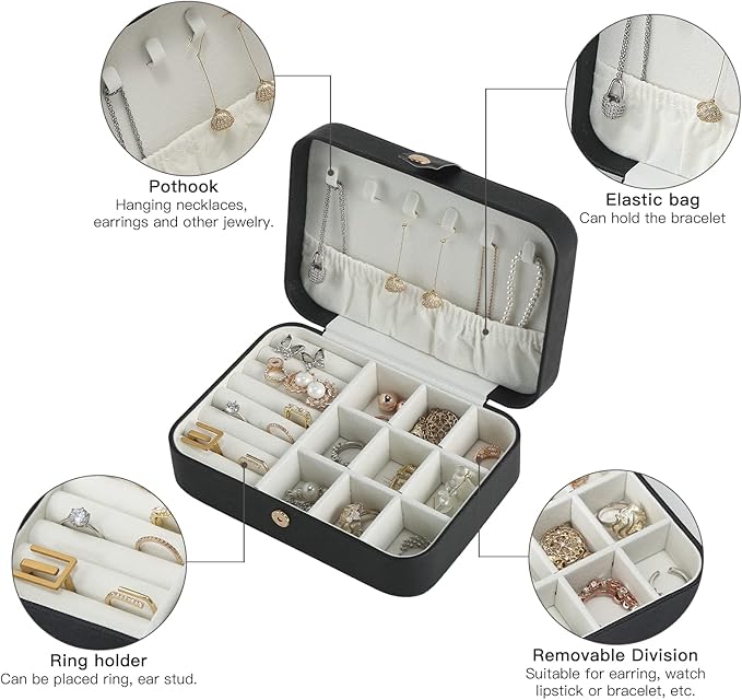 CASEGRACE Travel Jewelry Box Small Jewelry Organizer Case Display Storage for Earrings Necklace Rings Bracelets Portable Jewelry Organizer for Women Girls, Black