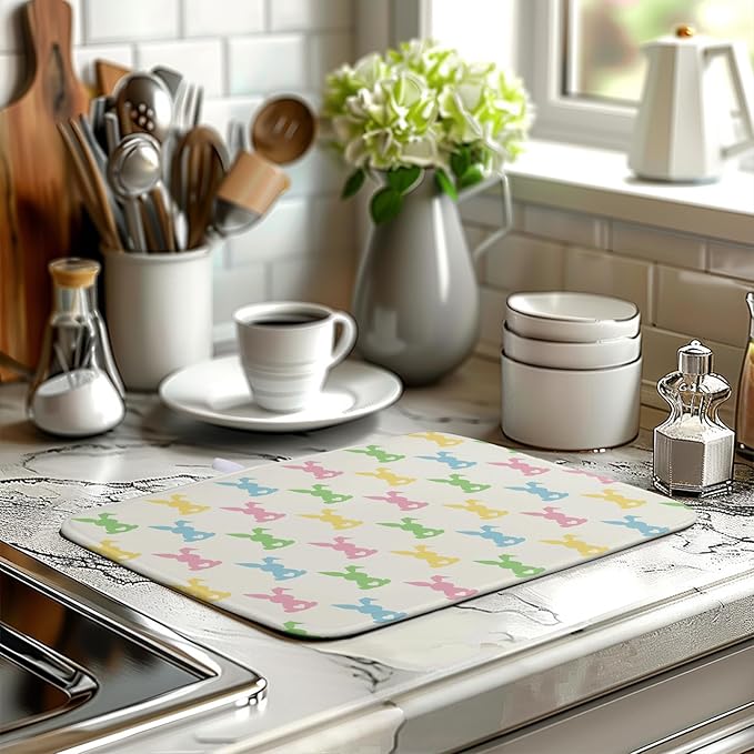 Easter Bunny Dish Drying Mat Colorful Cute Rabbits Kitchen Drying Mat Spring Microfiber Dish Dryer Pad Absorbent Reversible Dish Drainer Rack Mat Washable Dish Mat for Kitchen Countertop 16x18 Inch