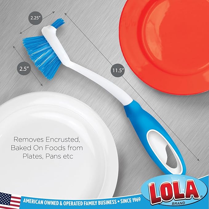 Dish Brush Scrubber for Kitchen, 2 Pack, by LOLA, Has Stiff Bristles & Food Scraper, Comfort No-Slip Grip Handle, Safe for Non-Stick & Coated Cookware
