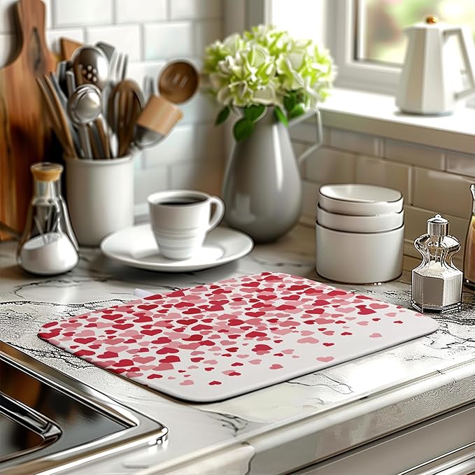 Wnoesat Valentines Dish Drying Mat Pink Red Love Hearts Valentine Drying Mats for Kitchen Counter Absorbent Microfiber Reversible Dish Draining Mat Medium Dishes Pad 16 X 18 Inch