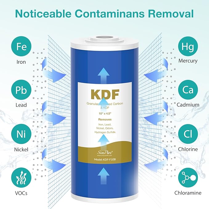 SimPure Whole House Water Filter Cartridges 10" x 4.5" GAC/KDF Carbon and Heavy Metal Filter, for DB10C-2KDF, DB10P, WGB21B-KS, FG15B-KS, GE FXHTC, GXWH40L, 6 Pack