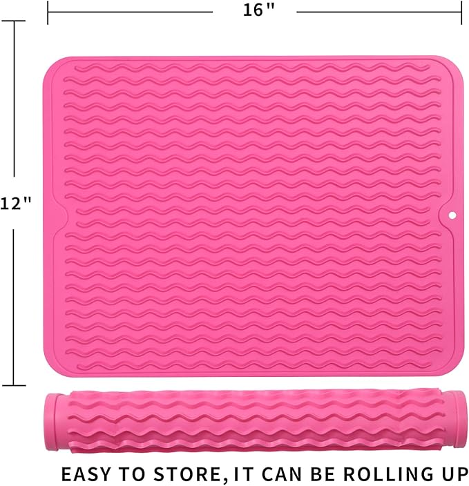 MicoYang Silicone Dish Drying Mat for Multiple Usage,Easy clean,Eco-friendly,Heat-resistant Silicone Mat for Kitchen Counter or Sink,Refrigerator or drawer liner Rose L 16 inches x 12 inches