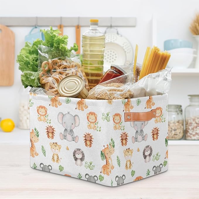 Cartoon Animal Storage Basket for Shelves, Storage Bins with Handles, Collapsible Basket for Organizing, Closet Toy Baskets for Nursery Room, 15x11x9.5 in, Canvas, Woodland Animals
