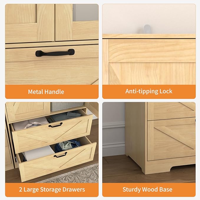 Armoire Wardrobe Closet with Mirror and 2 Drawers, 72'' Bedroom Armoire Wardrobe Cabinet with Hanging Rod and Light,Wooden Bedroom Closet with Adjustable Shelf
