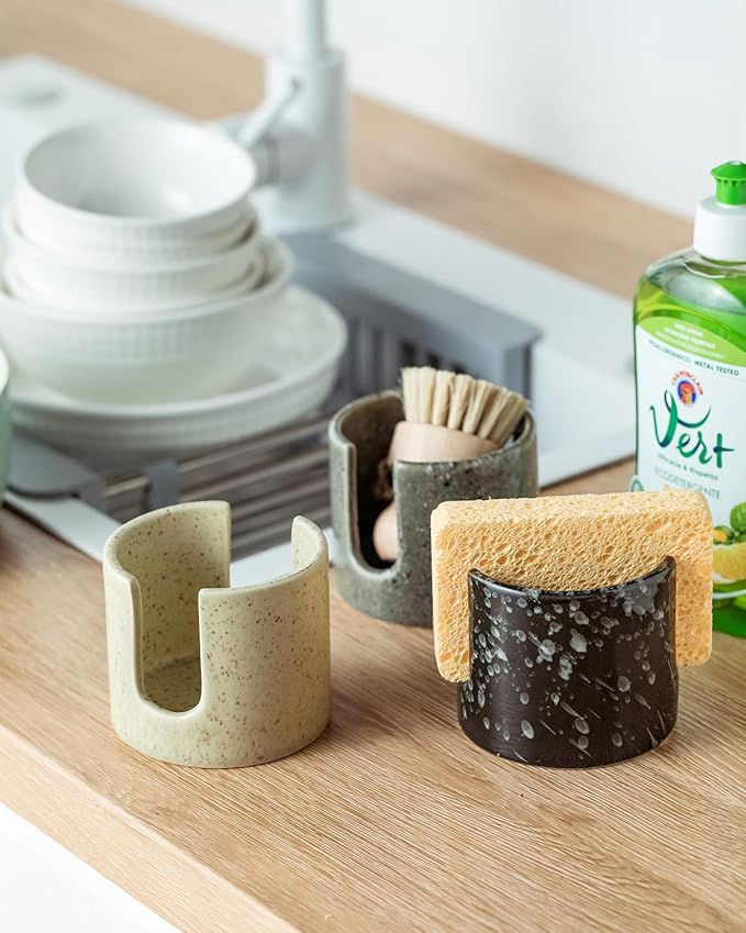 Zoeeker Sponge Holder for Kitchen Sink, Ceramic Dish Sponge Holder Sink Caddy Compact Scrubby Daddy Kitchen Organizer Dish Rcak for Sponges, Scrubbers, Yellow