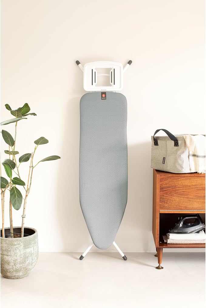 Brabantia - Ironing Board B – Solid Steam Iron Rest – Adjustable Height – Non-Slip Rubber Feet – 100% Fairtrade Cotton Cover with Foam Padding – Foldable – Metallized – Size B (49 x 15 in)
