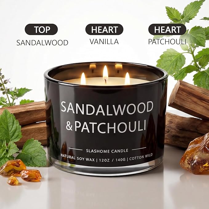 Patchouli & Amber Scented Candle, Luxury Large 3 Wick Soy Candle 12 Oz, 60+ Hour Long Lasting Clean Burn, Elegant Aromatherapy Home Decor, Housewarming & Birthday Gift for Men & Women