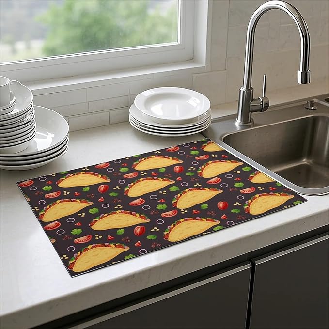 Dish Drying Mat For Kitchen Counter, Tacos Microfiber Absorbent Dish Drainer Rack Pad Reusable Large 18x24in Drying Mat