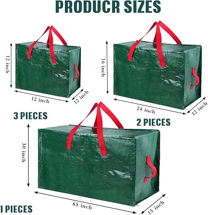Shappy 6 Pcs Heavy Duty Christmas Storage Bags Extra Large Ornaments Container Moving Bags Xmas Decoration Organizer Storage Bag(Green,65 x 30", 24 x 16", 12 x 12")