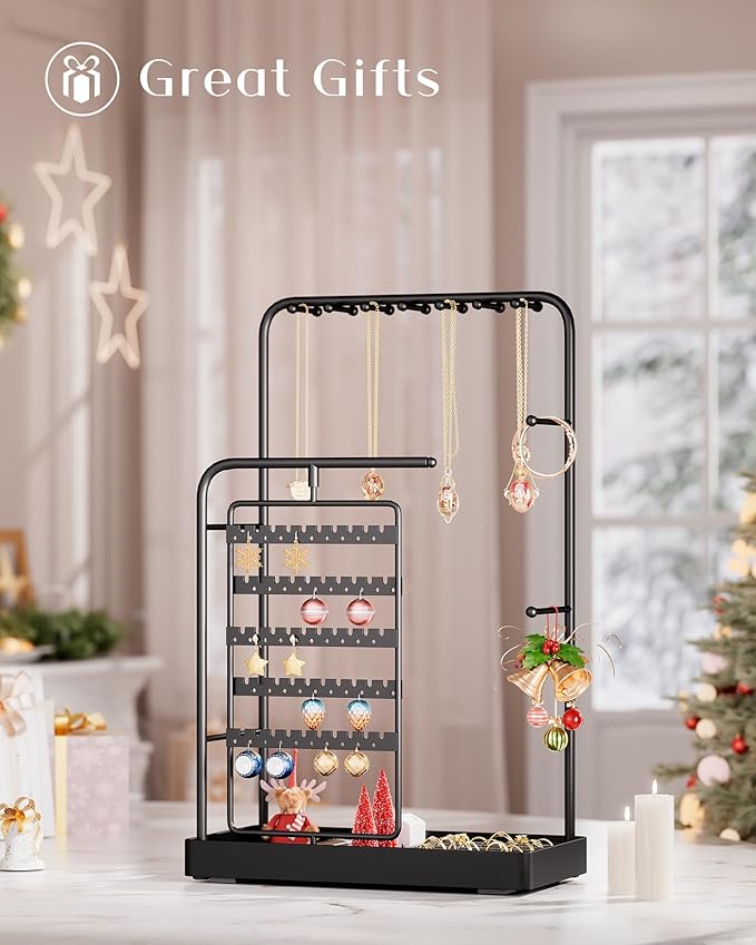 ProCase Jewelry Stand Holder Organizer, Jewelry Display Storage with Ring Tray, No-Assembly Needed, Rotating Earring Bracelet Necklace Holder, Christmas Gifts Room Dorm Decor for Teen Girls -Black